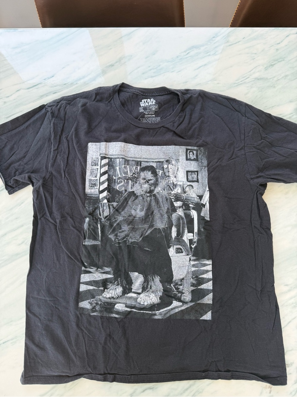 Star Wars Black Tee with Chewbacca Barber Shop Graphic